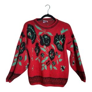 Vintage Midnight Blues Sweater Christmas Red Floral Size Medium